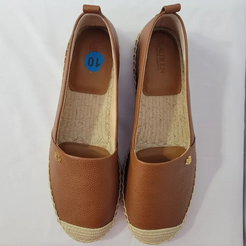 Lauren Ralph Lauren Camryn Tumbled Leather Espadrille size in 10 Deep Saddle Tan